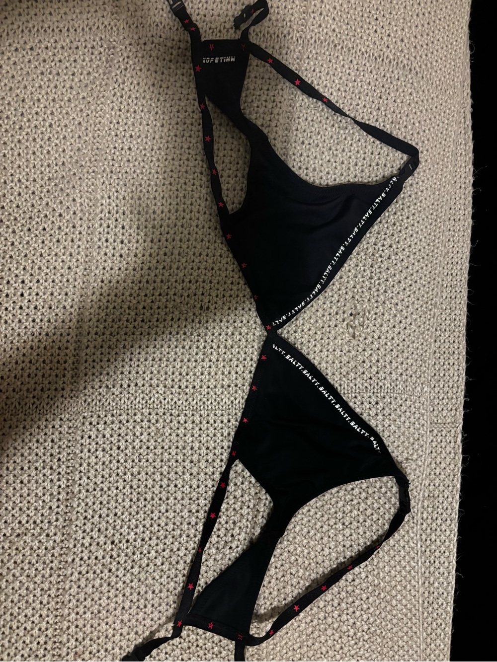 WHITE FOX Black Triangle String Bikini with Pink Star Accent